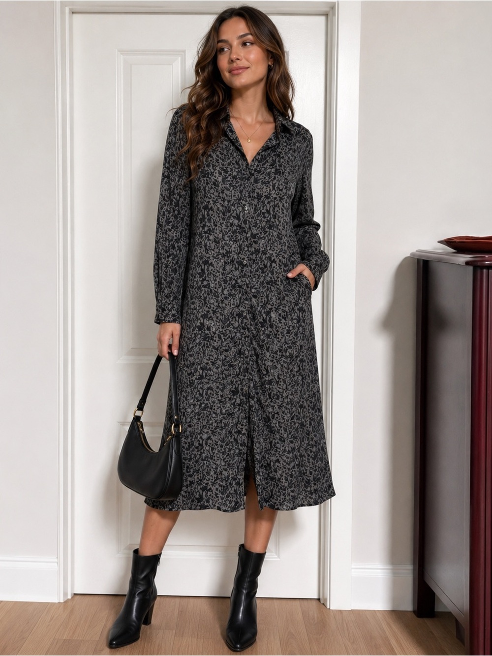 NWT Deluc Salix Floral Black Long Sleeve Shirt Dress Button Botanical Feminine